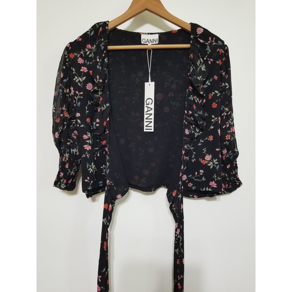 NWT GANNI Floral Print Georgette Wrap Blouse - Black & Pink 🌸 EU 38 (US 6) $160 - Picture 9 of 16